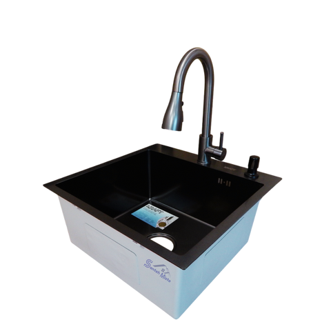 Комплект кухонної мийки Kraft HM 50х50 NANO BLACK (DECOR) PVD (3.0/1.0 мм) SМ712 фото