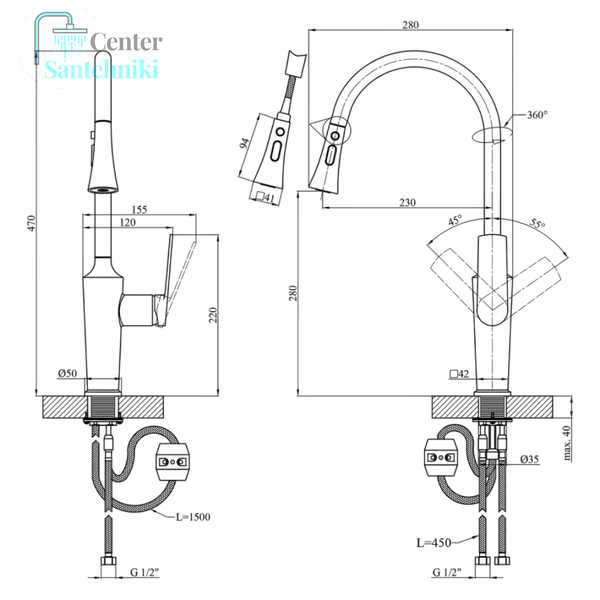 Комплект кухонної мийки Kraft HM 50х50 NANO BLACK (DECOR) PVD (3.0/1.0 мм) SМ712 фото