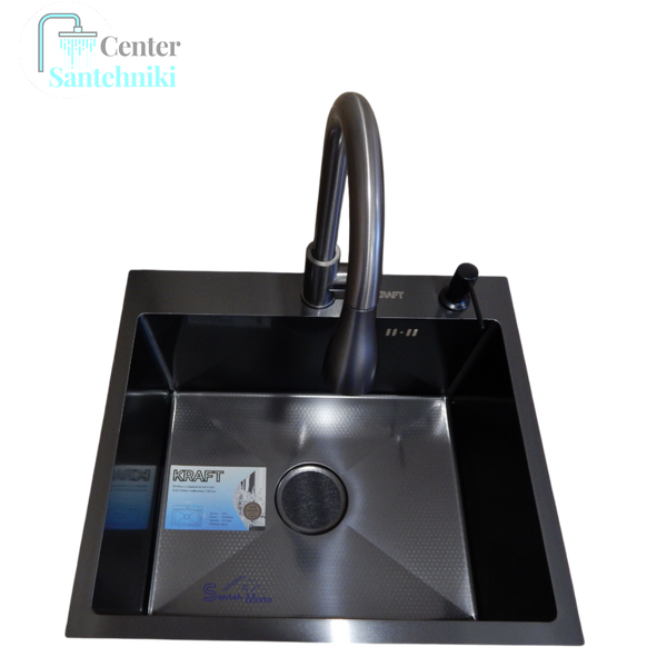 Комплект кухонної мийки Kraft HM 50х50 NANO BLACK (DECOR) PVD (3.0/1.0 мм) SМ712 фото