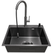 Комплект кухонної мийки Kraft NANO BLACK PVD Декор HS60*45 (3.0/1.0 мм)+Змішувач для кухні з висувним шлангом CS25282 фото 4