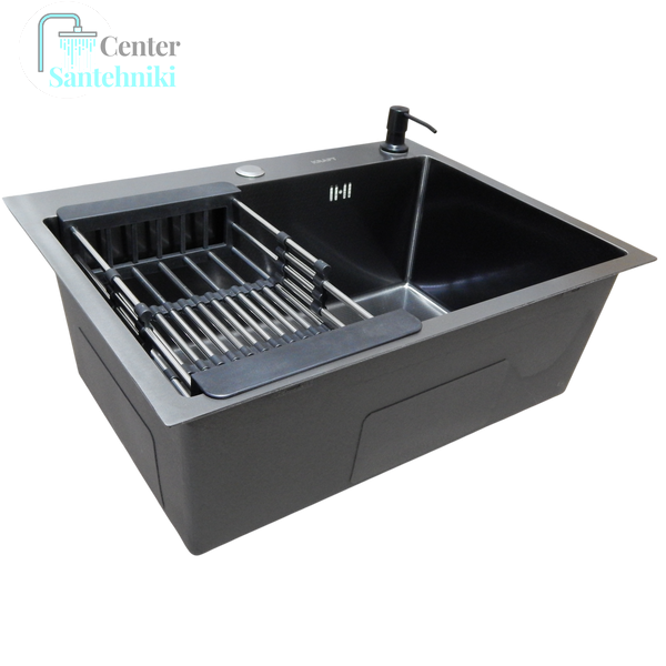 Комплект кухонної мийки Kraft NANO BLACK PVD HS60*45 (3.0/1.0 мм)+Змішувач для кухніз висувним виливом CS25283 фото