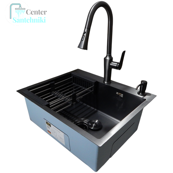 Комплект кухонної мийки Kraft HS 600Х450мм NANO BLACK - 60х50HM PVD (3.0/1.0 мм) DEKOR CS25234 фото