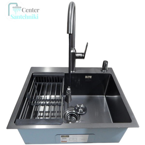 Комплект кухонної мийки Kraft HS 600Х450мм NANO BLACK - 60х50HM PVD (3.0/1.0 мм) DEKOR CS25234 фото