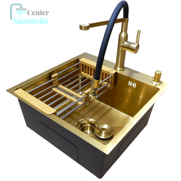 Комплект кухонної мийки Kraft NANO GOLD PVD HS50*50 (3.0/1.0 мм) декор CS47370 фото