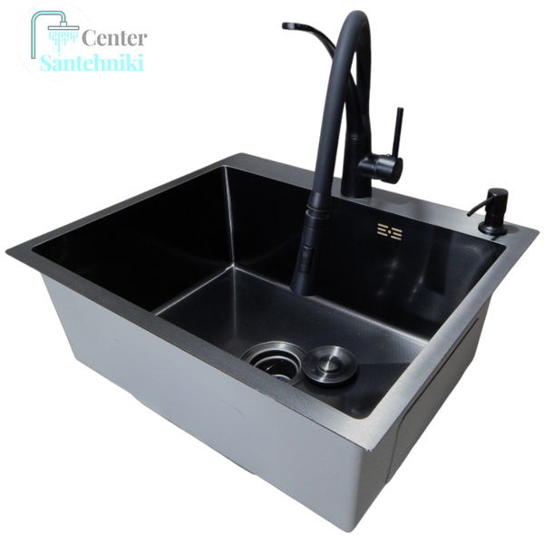 Комплект кухонной мойки Kraft NANO BLACK PVD HS60*50 Декор (3.0/1.0 мм)+Змішувач для кухні Kroner KRP Ersel - SCH03393BLK CS25235 фото