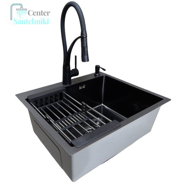 Комплект кухонной мойки Kraft NANO BLACK PVD HS60*50 Декор (3.0/1.0 мм)+Змішувач для кухні Kroner KRP Ersel - SCH03393BLK CS25235 фото