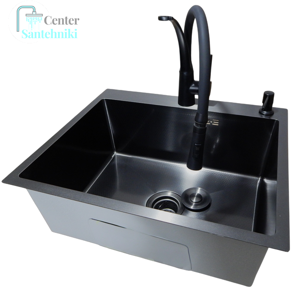 Комплект кухонной мойки Kraft NANO BLACK PVD HS60*50 Декор (3.0/1.0 мм)+Змішувач для кухні Kroner KRP Ersel - SCH03393BLK CS25235 фото