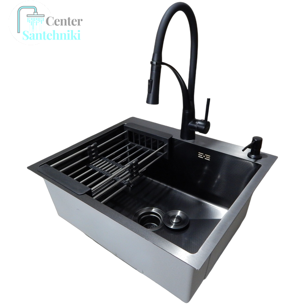 Комплект кухонной мойки Kraft NANO BLACK PVD HS60*50 Декор (3.0/1.0 мм)+Змішувач для кухні Kroner KRP Ersel - SCH03393BLK CS25235 фото