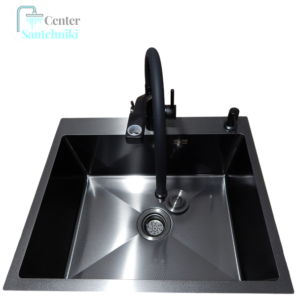 Комплект кухонной мойки Kraft NANO BLACK PVD HS60*50 Декор (3.0/1.0 мм)+Змішувач для кухні Kroner KRP Ersel - SCH03393BLK CS25235 фото