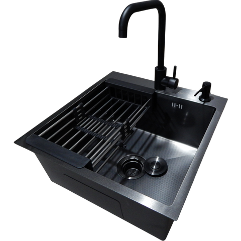 Комплект кухонної мийки Kraft HM 50х50 NANO BLACK PVD (3.0/1.0 мм) декор CS25100 фото