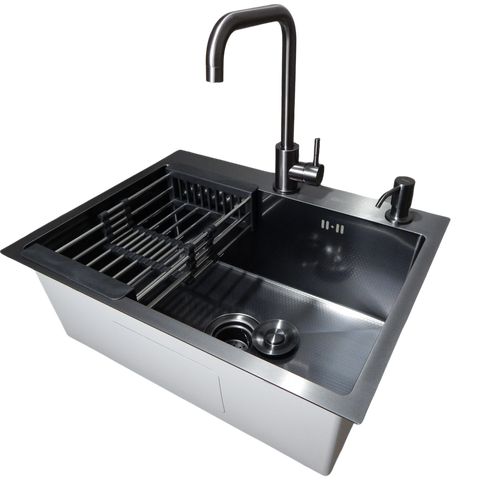 Комплект кухонной мойки KRAFT Handmade PVD чорная HS60*45(3.0/1.0 мм) DEKOR CS2016 фото