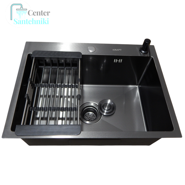 Кухонна мийка з нержавіючої сталі 4-в-1 (комплект) Kraft NANO BLACK PVD Декор HS60*45 (3.0/1.0 мм) Змішувач для кухні з висувним шлангом Kroner CS3570 фото
