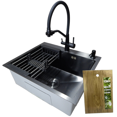 Комплект кухонной мойки Kraft NANO BLACK PVD HS60*50 Декор (3.0/1.0 мм) CS25236 фото