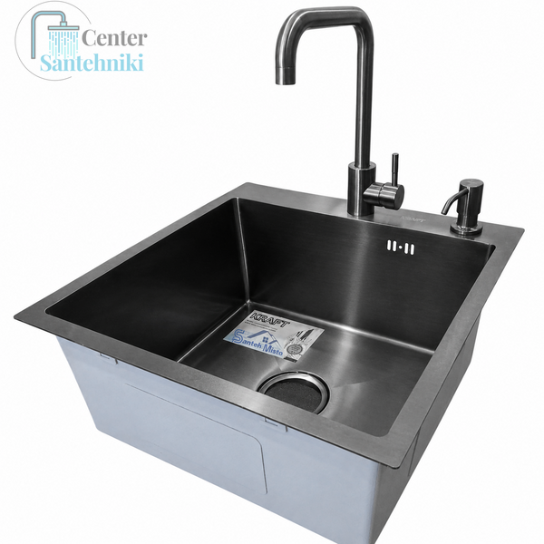 Комплект кухонной мойки Kraft HM 50х50 NANO BLACK PVD (3.0/1.0 мм) SМ048 фото