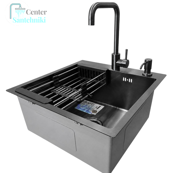 Комплект кухонной мойки Kraft HM 50х50 NANO BLACK PVD (3.0/1.0 мм) SМ048 фото