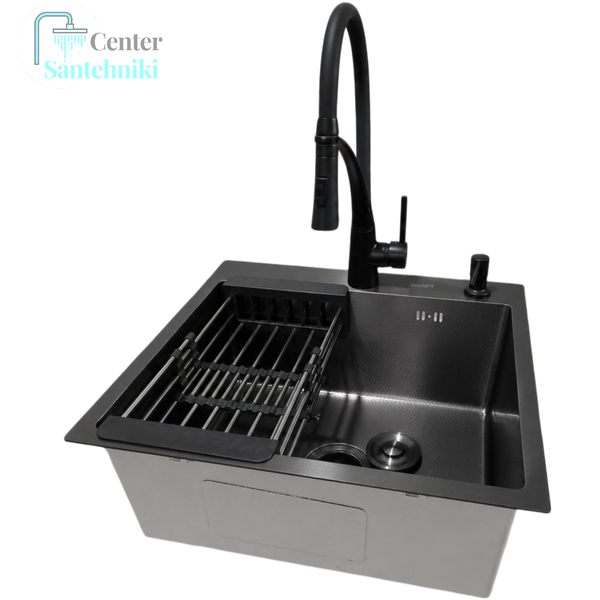 Комплект кухонной мойки KRAFT NANO BLACK Handmade PVD-Графит HS 540х480 Декор-Соты (3.0/1.0 мм)+Кухонный смеситель Kroner KRP Ersel - SCH03393BLK CS25137 фото