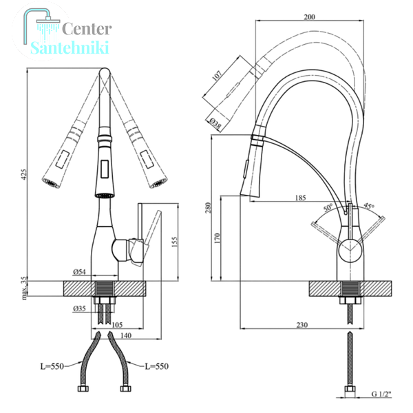 Комплект кухонної мийки Kraft HM 50х50 NANO BLACK (DECOR) PVD (3.0/1.0 мм)+Кухонний змішувач Kroner KRP Ersel - SCH03393BLK SМ467 фото