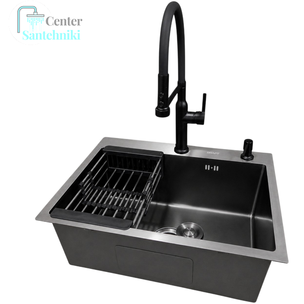 Комплект кухонної мийки Kraft NANO BLACK PVD HS 540*480мм Декор (3.0/1.0 мм)+Змішувач для кухні Kroner KRP Ersel - SCH03112BLK CS25239 фото