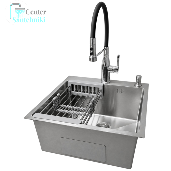 Комплект кухонної мийки Kraft KRF 5050 decor (3.0/1.0 мм)+Змішувач для кухні Kroner KRP Ersel - C03111BLK CS25140 фото