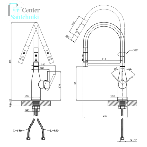 Комплект кухонної мийки Kraft KRF 5050 decor (3.0/1.0 мм)+Змішувач для кухні Kroner KRP Ersel - C03111BLK CS25140 фото
