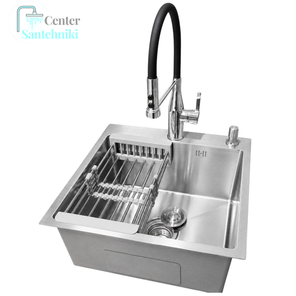 Комплект кухонної мийки Kraft KRF 5050 decor (3.0/1.0 мм)+Змішувач для кухні Kroner KRP Ersel - C03111BLK CS25140 фото