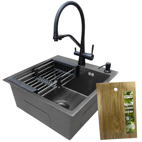 Комплект кухонної мийки Kraft NANO BLACK PVD HS 500х500мм Декор (3.0/1.0 мм)+Змішувач для кухні з підключенням до фільтра Pllen&oacute; Lazio ST19 nero CS25341 фото
