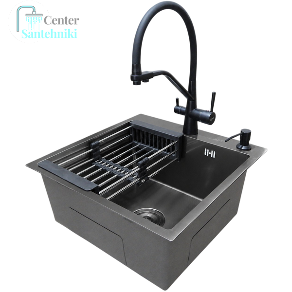 Комплект кухонної мийки Kraft NANO BLACK PVD HS 500х500мм Декор (3.0/1.0 мм)+Змішувач для кухні з підключенням до фільтра Pllen&oacute; Lazio ST19 nero CS25341 фото