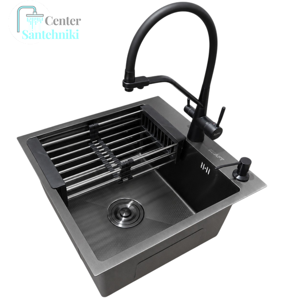 Комплект кухонної мийки Kraft NANO BLACK PVD HS 500х500мм Декор (3.0/1.0 мм)+Змішувач для кухні з підключенням до фільтра Pllen&oacute; Lazio ST19 nero CS25341 фото