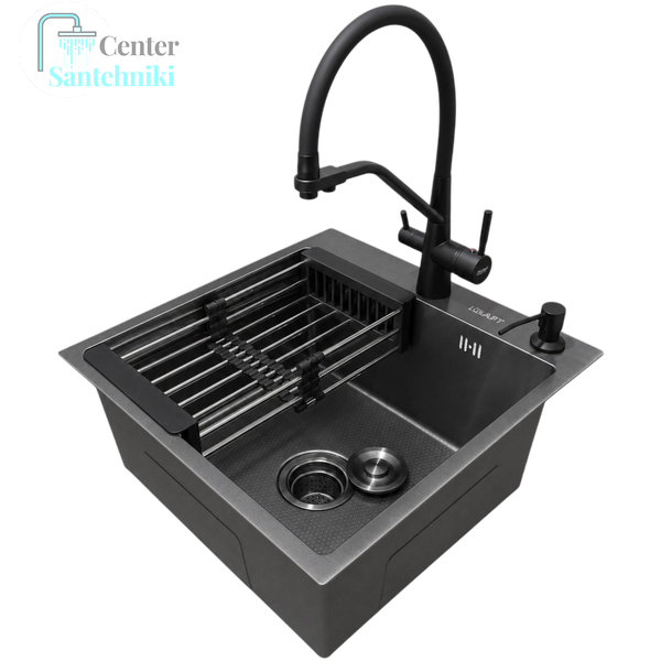 Комплект кухонної мийки Kraft NANO BLACK PVD HS 500х500мм Декор (3.0/1.0 мм)+Змішувач для кухні з підключенням до фільтра Pllen&oacute; Lazio ST19 nero CS25341 фото
