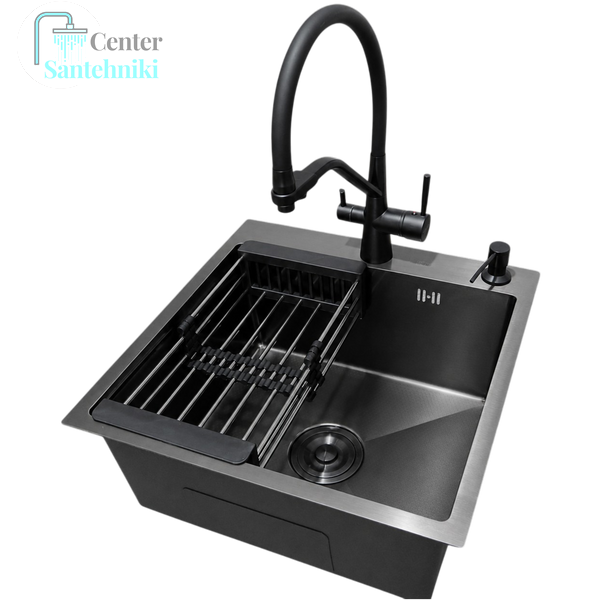Комплект кухонної мийки Kraft NANO BLACK PVD HS 500х500мм Декор (3.0/1.0 мм)+Змішувач для кухні з підключенням до фільтра Pllen&oacute; Lazio ST19 nero CS25341 фото
