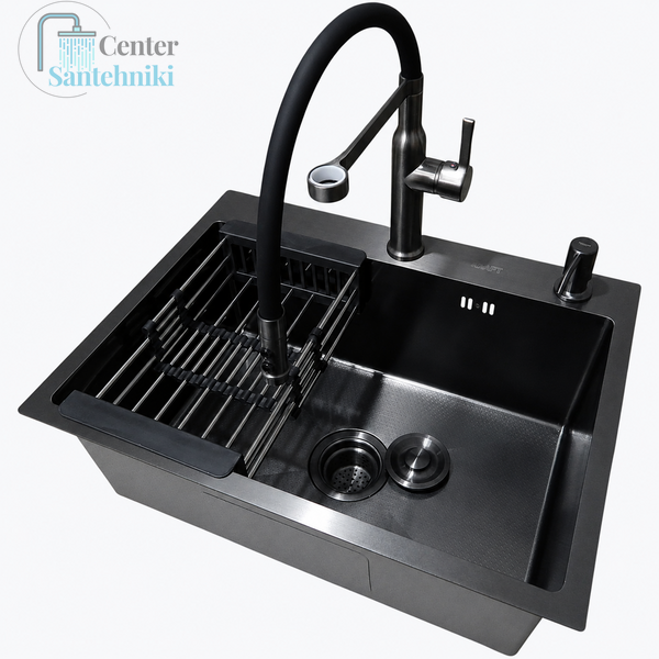 Комплект кухонної мийки Kraft NANO BLACK (Декор-соти) 600х450х220мм (3.0/1.0 мм)+Змішувач для кухні Kroner KRP Ersel - GRP03112BLK CS25292 фото