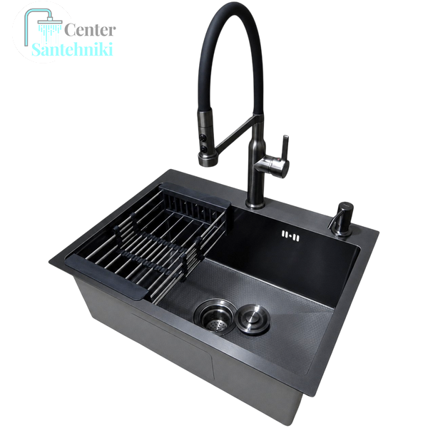 Комплект кухонної мийки Kraft NANO BLACK (Декор-соти) 600х450х220мм (3.0/1.0 мм)+Змішувач для кухні Kroner KRP Ersel - GRP03112BLK CS25292 фото