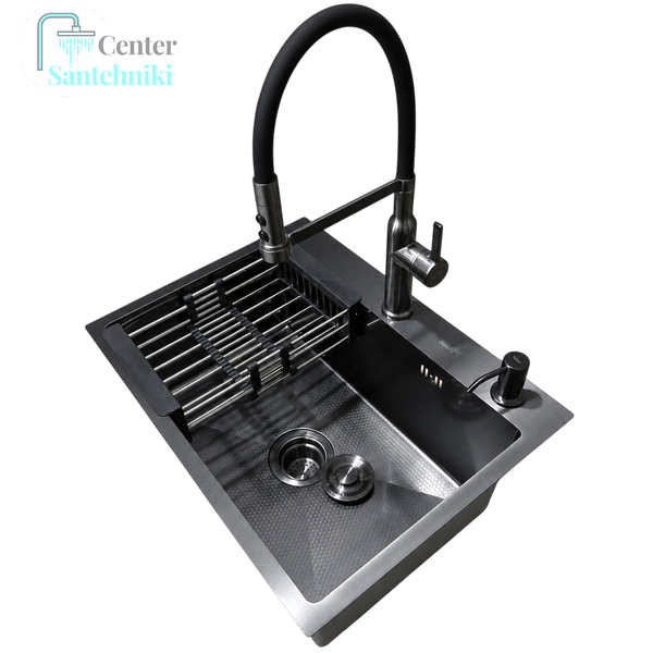 Комплект кухонної мийки Kraft NANO BLACK (Декор-соти) 600х450х220мм (3.0/1.0 мм)+Змішувач для кухні Kroner KRP Ersel - GRP03112BLK CS25292 фото