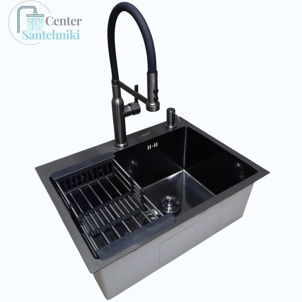 Комплект кухонної мийки Kraft NANO BLACK (Декор-соти) 600х450х220мм (3.0/1.0 мм)+Змішувач для кухні Kroner KRP Ersel - GRP03112BLK CS25292 фото