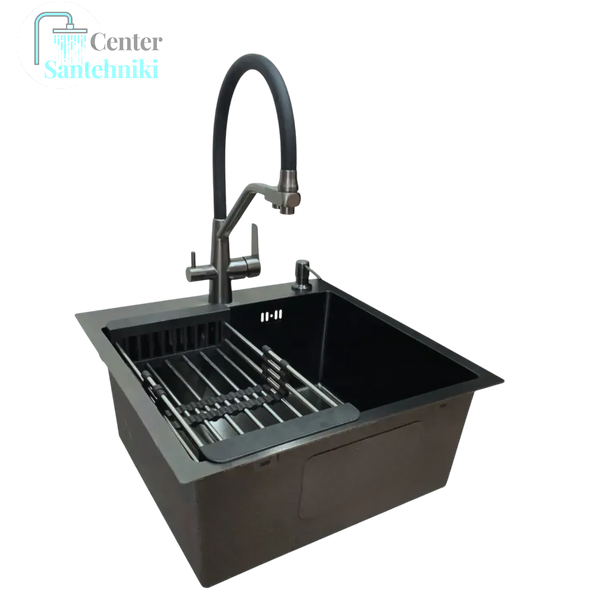 Комплект кухонної мийки Kraft HM 50х50 NANO BLACK (DECOR) PVD (3.0/1.0 мм)+Змішувач для кухні з підключенням до фільтра Kroner CS25142 фото