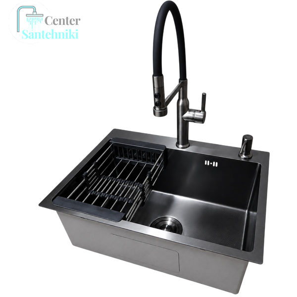 Комплект кухонної мийки Kraft NANO BLACK (Декор-соти) 600х450х220мм (3.0/1.0 мм)+Змішувач для кухні Kroner KRP Ersel - GRP03112BLK CS25292 фото