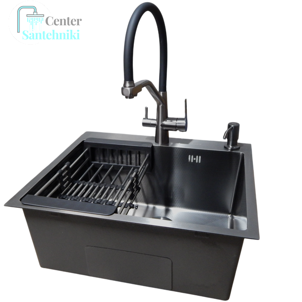 Комплект кухонної мийки Kraft графіт HS 600Х450мм NANO BLACK PVD Декор (3.0/1.0 мм)+Змішувач для кухні з підключенням до фільтра Kroner Edelstahl Klassisch - PVD03817BLK CS25342 фото