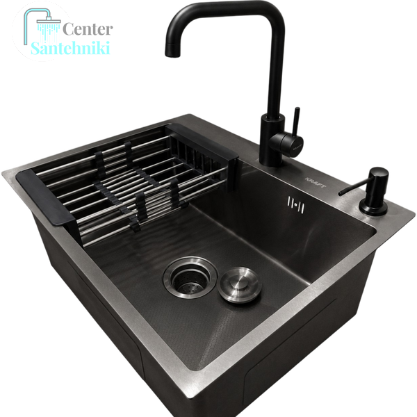 Комплект кухонной мойки Kraft NANO BLACK PVD HS60*45 (3.0/1.0 мм) Decor CS25143 фото