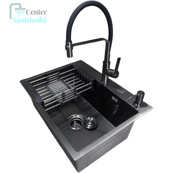 Комплект кухонной мойки Kraft NANO BLACK PVD HS60*45 (3.0/1.0 мм) декор CS25244 фото