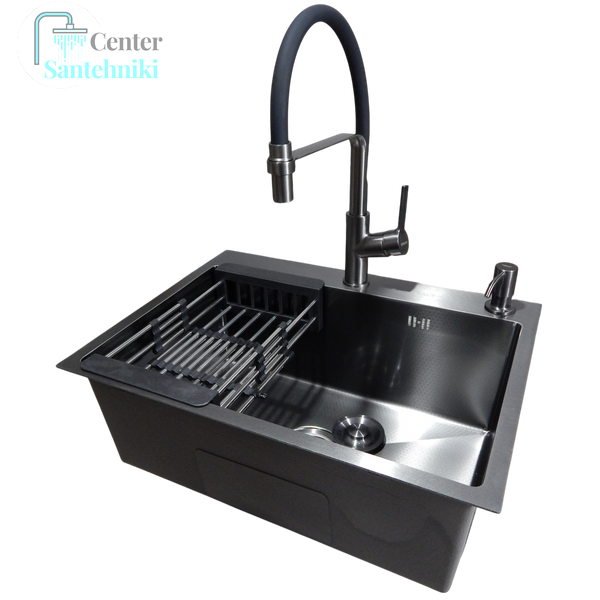 Комплект кухонной мойки Kraft NANO BLACK PVD HS60*45 (3.0/1.0 мм) декор CS25244 фото