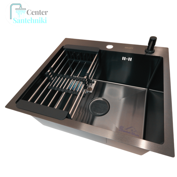 Комплект кухонной мойки KRAFT Handmade PVD чорна HS54*48 (3.0/1.0 мм) декор CS25146 фото