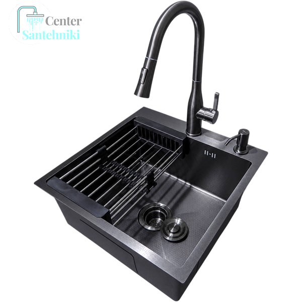 Комплект кухонної мийки Kraft HM 50х50 NANO BLACK PVD (3.0/1.0 мм) DEKOR SМ7014 фото