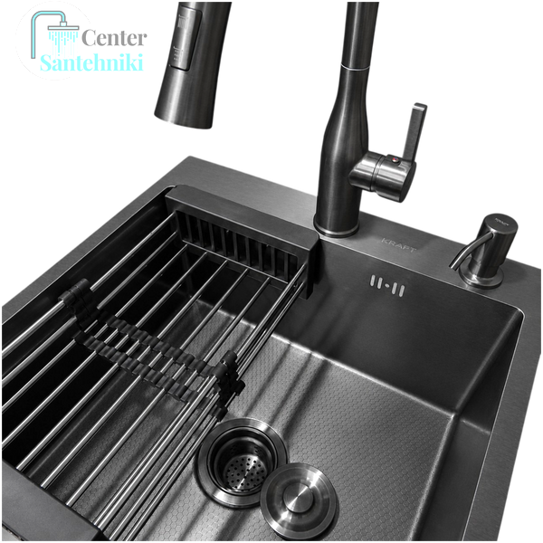 Комплект кухонної мийки Kraft HM 50х50 NANO BLACK PVD (3.0/1.0 мм) DEKOR SМ7014 фото