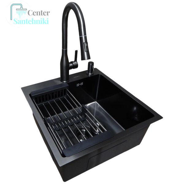 Комплект кухонної мийки Kraft HM 50х50 NANO BLACK PVD (3.0/1.0 мм) DEKOR SМ7014 фото