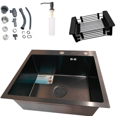 Комплект кухонной мойки Kraft HM 50х50 NANO BLACK PVD (3.0/1.0 мм) CS7022 фото