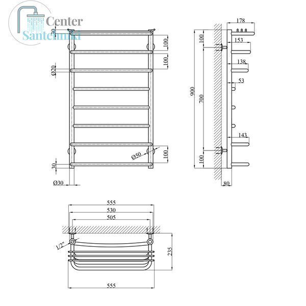 Полотенцесушитель водяной Kroner KRP Stern WT900x500-8 CV036309 фото