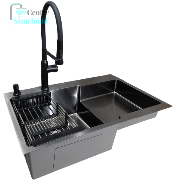 Комплект кухонної мийки Kroner KRP Schwarze - 78Х48RHM PVD (3.0/1.0 мм) CS25103 фото