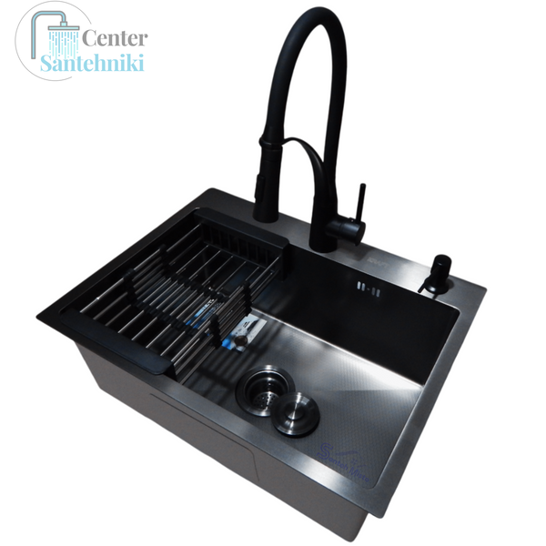 Комплект кухонной мойки Kraft NANO BLACK PVD HS60*45 (3.0/1.0 мм) декор CS25305 фото