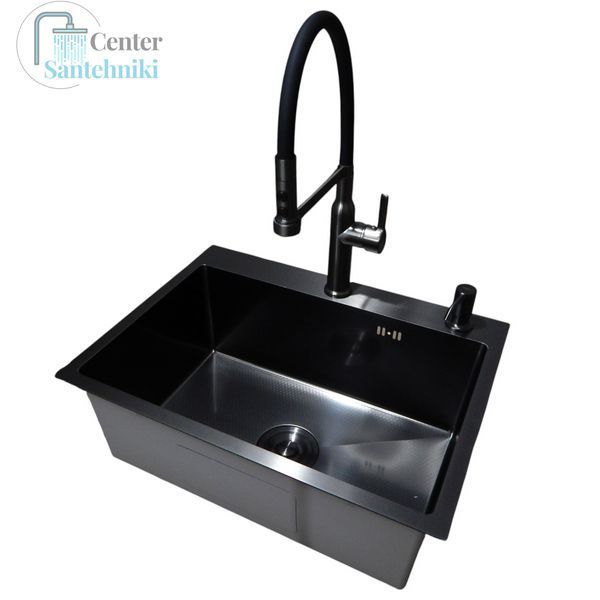 Комплект кухонной мойки Kraft NANO BLACK PVD HS60*45 (3.0/1.0 мм) декор CS1052 фото