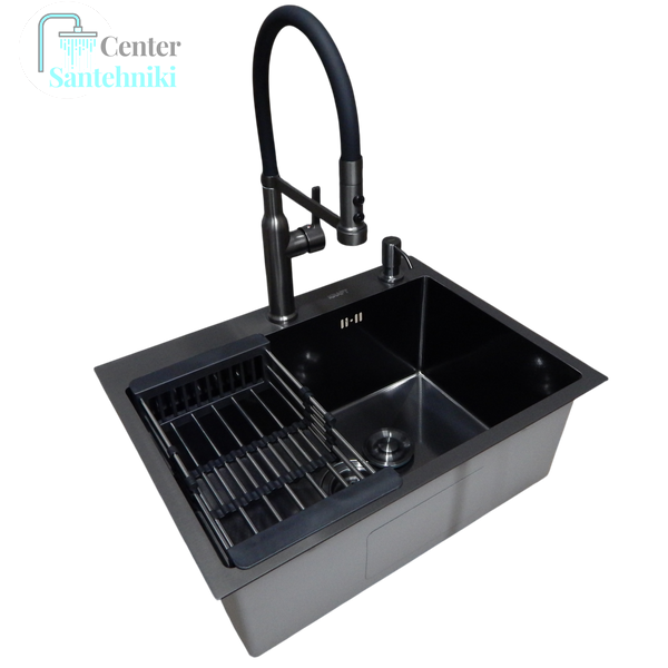 Комплект кухонной мойки Kraft NANO BLACK PVD HS60*45 (3.0/1.0 мм) декор CS1052 фото